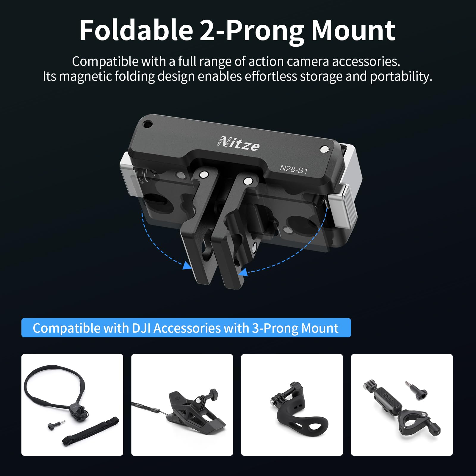 Nitze Supports Adaptateur Magnétiques à Dégagement Rapide pour DJI Osmo Action 5 Pro/4/3/Osmo 360, Adaptateur Magnétique avec Griffes Repliables pour Trépieds & Accessoires de Caméra d'Action - N28-B1