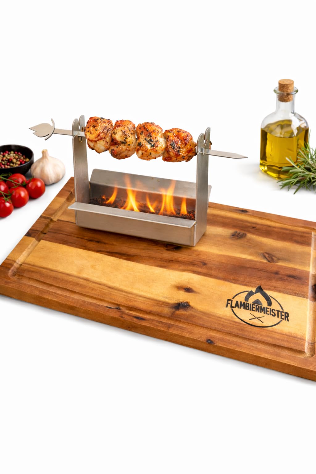 Flambiergrill Tischgrill mit Edelstahlwanne & Akazienholzbrett – Indoor & Outdoor Grill mit Rum – Made in Germany – Geschenkidee für Grillfans, Balkon & Kamin, BBQ, Minigrill