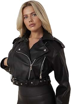 ジャケット・アウター round short fake leather jacket Women's Biker Faux Leather Jacket Cropped Short Belted Zip