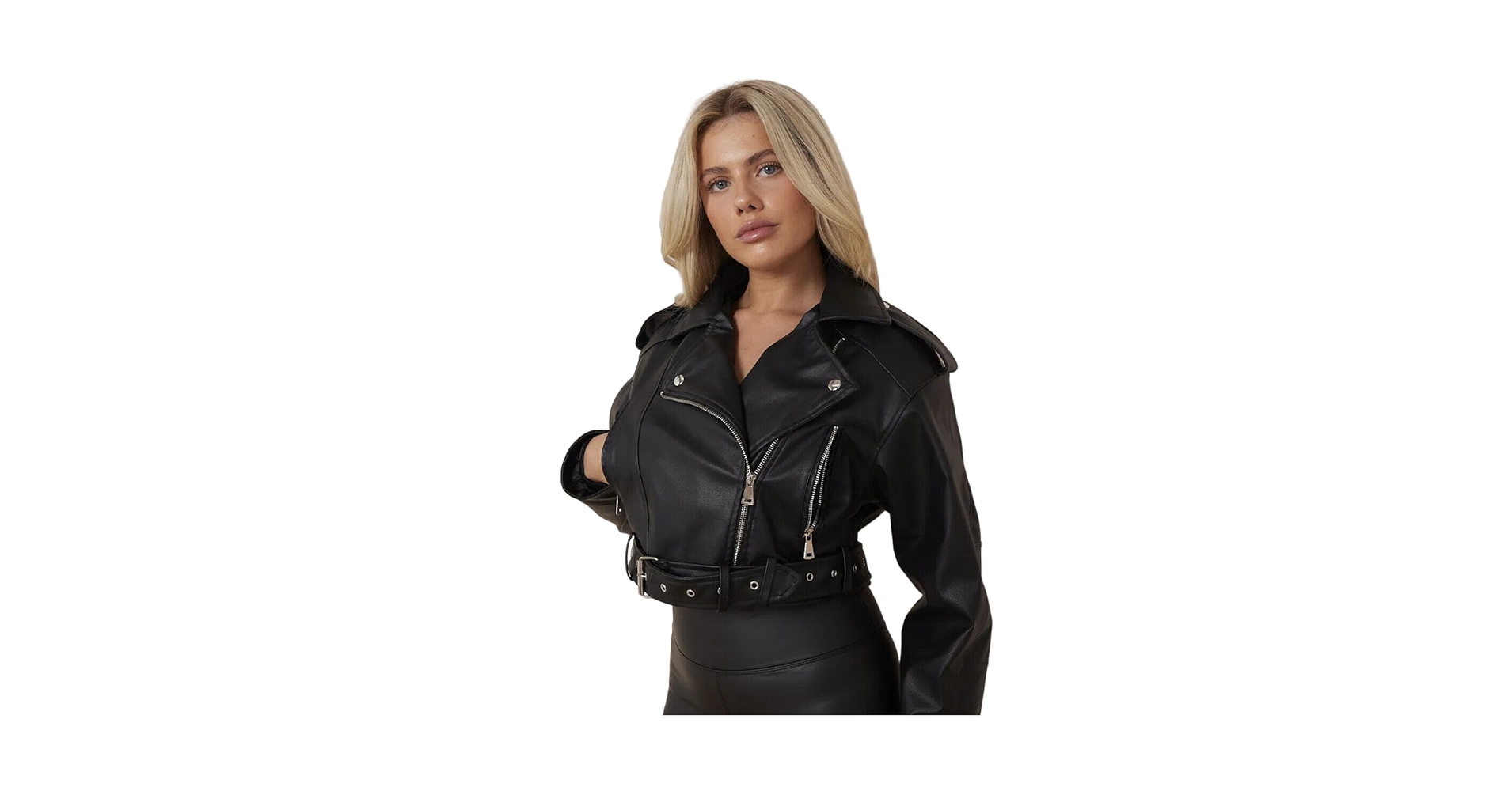 Women's Biker Faux Leather Jacket Cropped Short Belted Zip