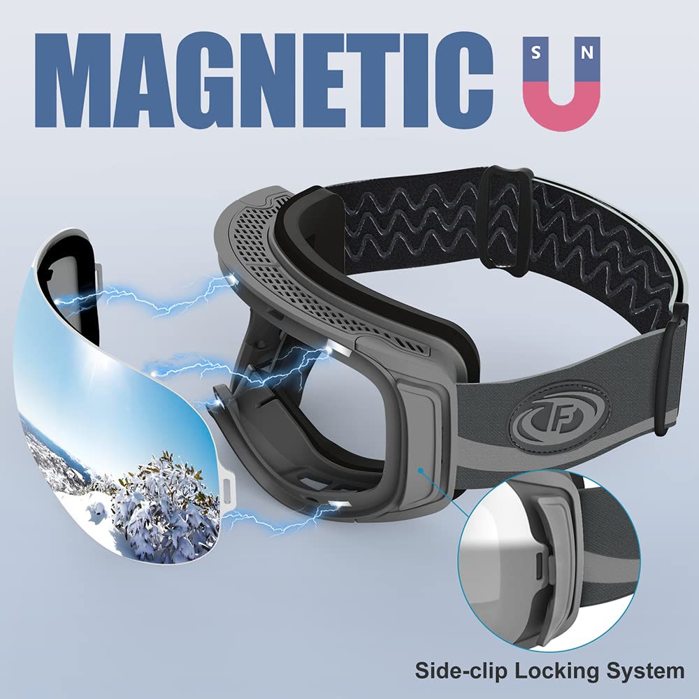 Findway Maschera Sci, Occhiali da Sci Magnetica Donna Uomo, Maschera per Snowboard e Sci per Occhiali da Vista OTG,Anti-UV Protezione UV400 Anti-Nebbia