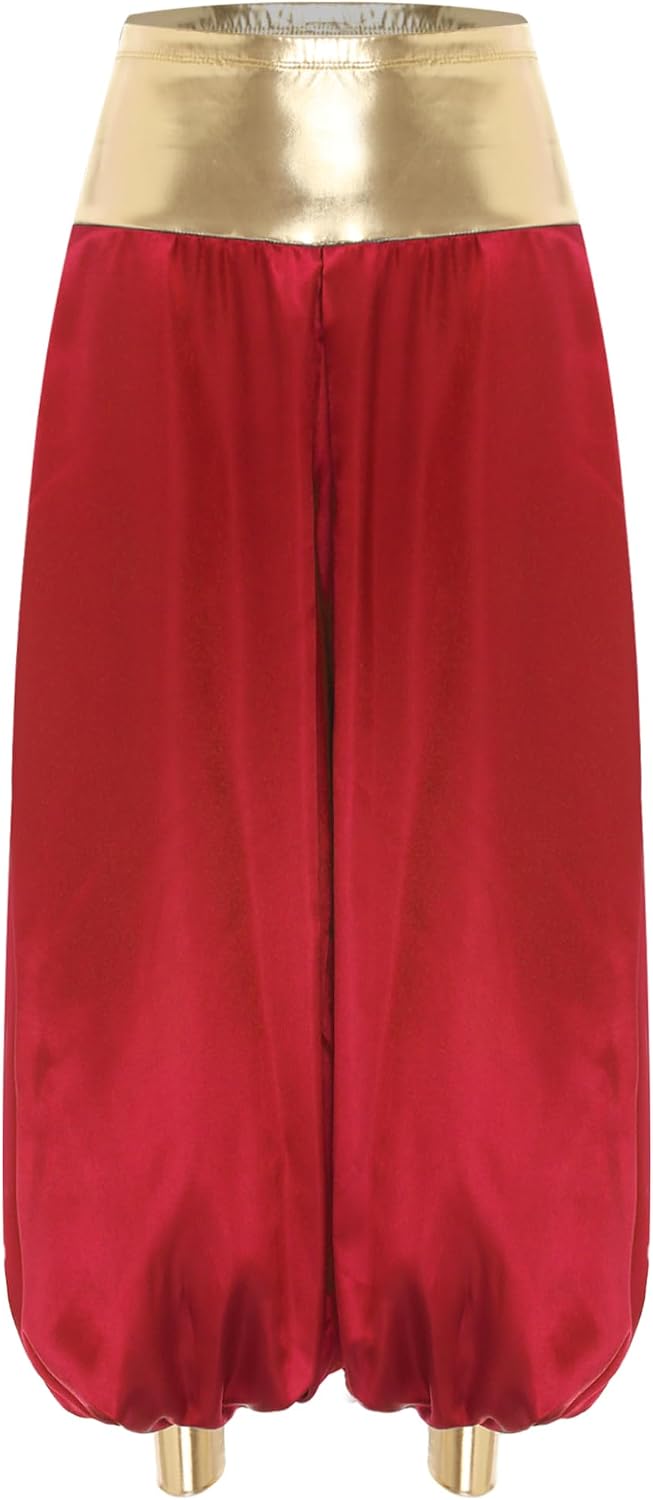 TTAO Womens Satin Hippie Harem Dance Pants Silky High Waist Arabian Trousers Halloween Costume