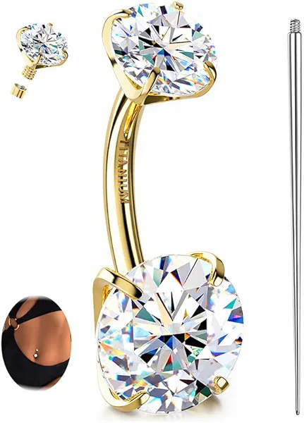 GEMQUEEN Moissanite ＆ G23 TItanium Belly Button Ring 18K Gold Plated Hypoallergenic Internally Threaded Belly Rings 14G Navel Piercing Jewelry For Women Men D Color VVS1 Clarity Brilliant Cut