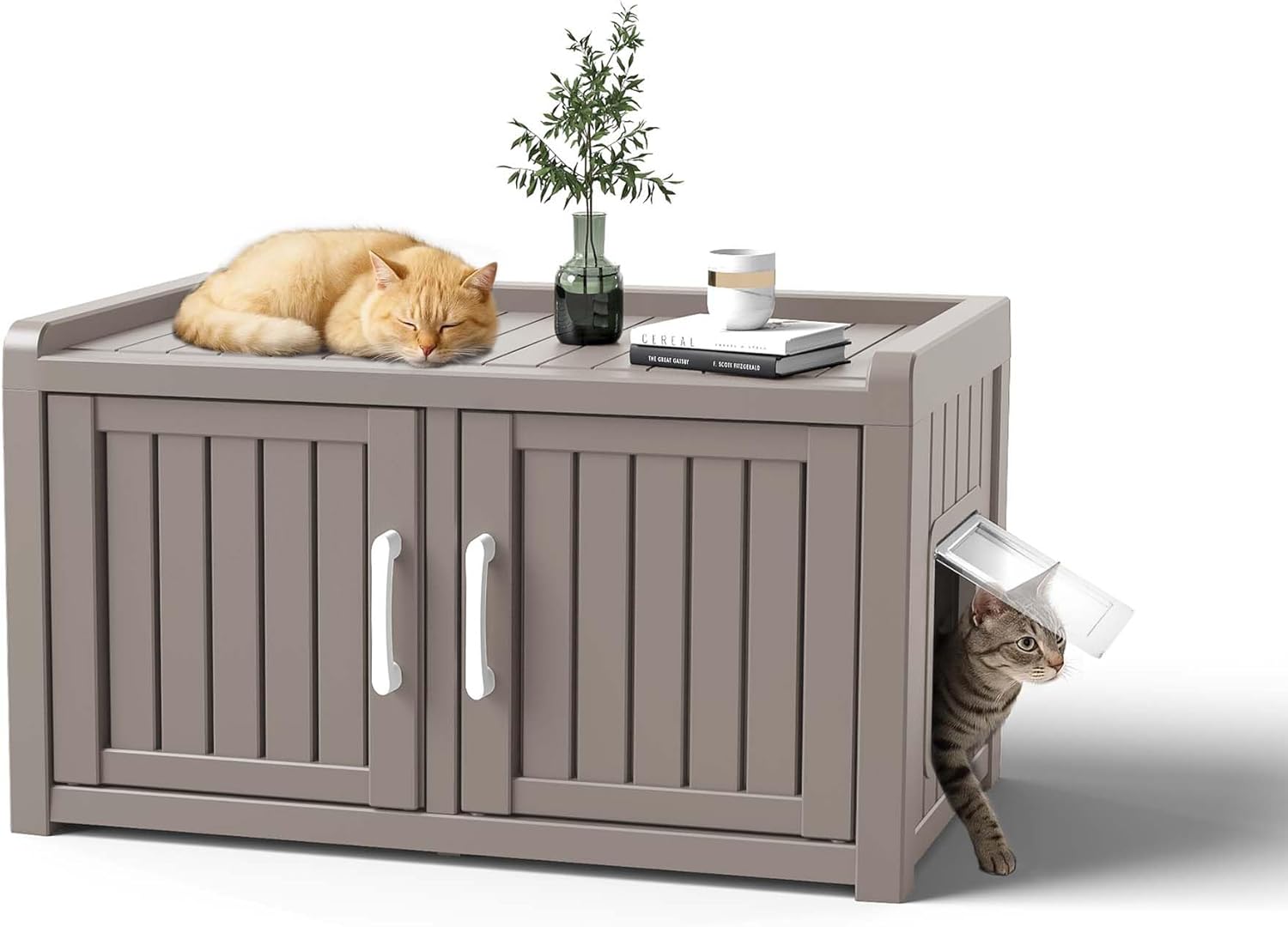 DRATO Cat Litter Box, Resin Weatherproof Enclosed Litter Box with Dual-Door Design, Hidden Furniture for Indoor Home Use