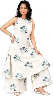 Glamforia Women Pure Cotton Kurta Palazzo Set | Summer Friendly, Office Wear Co-Ord Set | Sleeveless Printed Kurta with Pa... Price In India