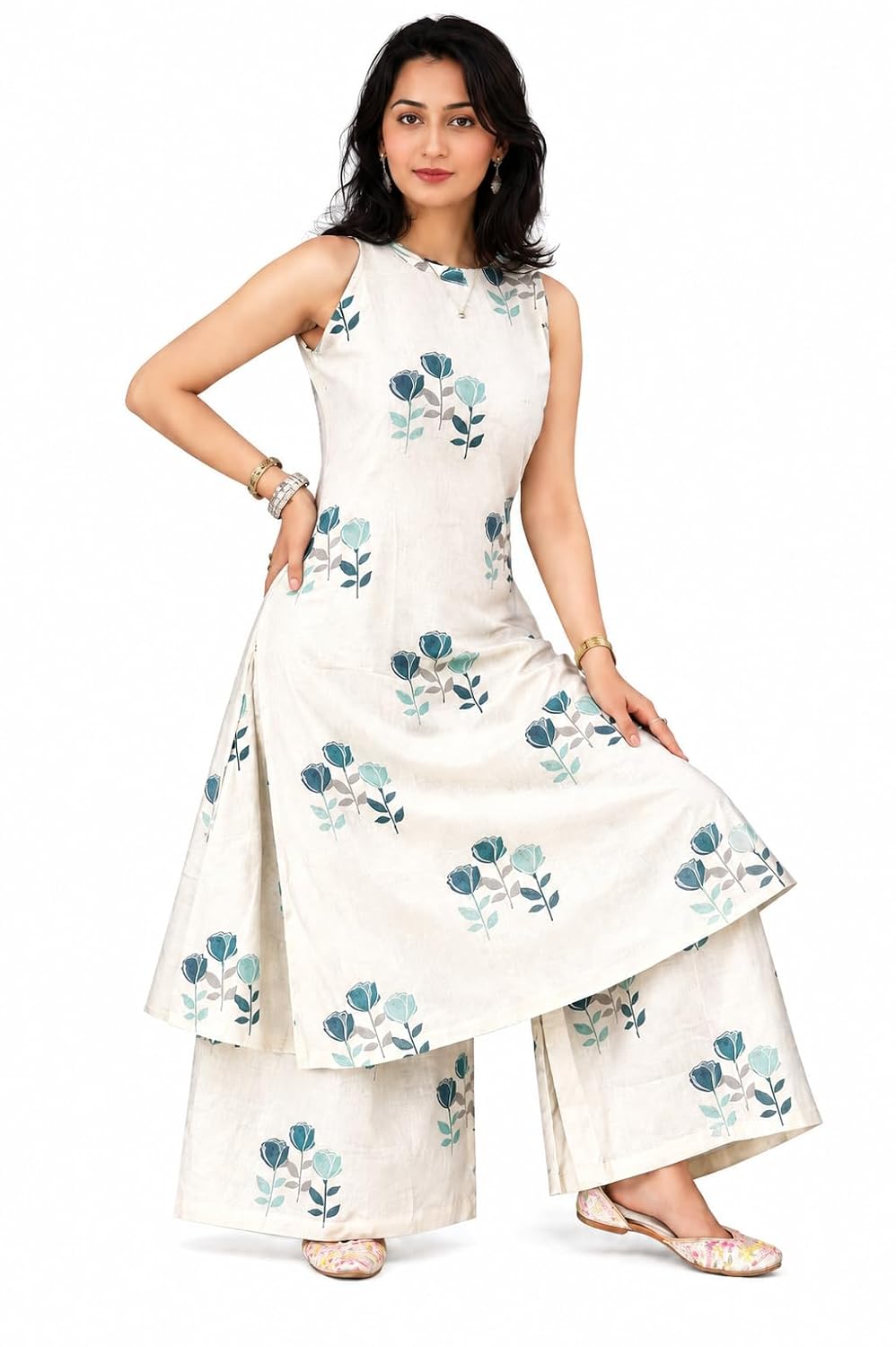 Glamforia Women Pure Cotton Kurta Palazzo Set | Summer Friendly, Office Wear Co-Ord Set | Sleeveless Printed Kurta with Pa...
