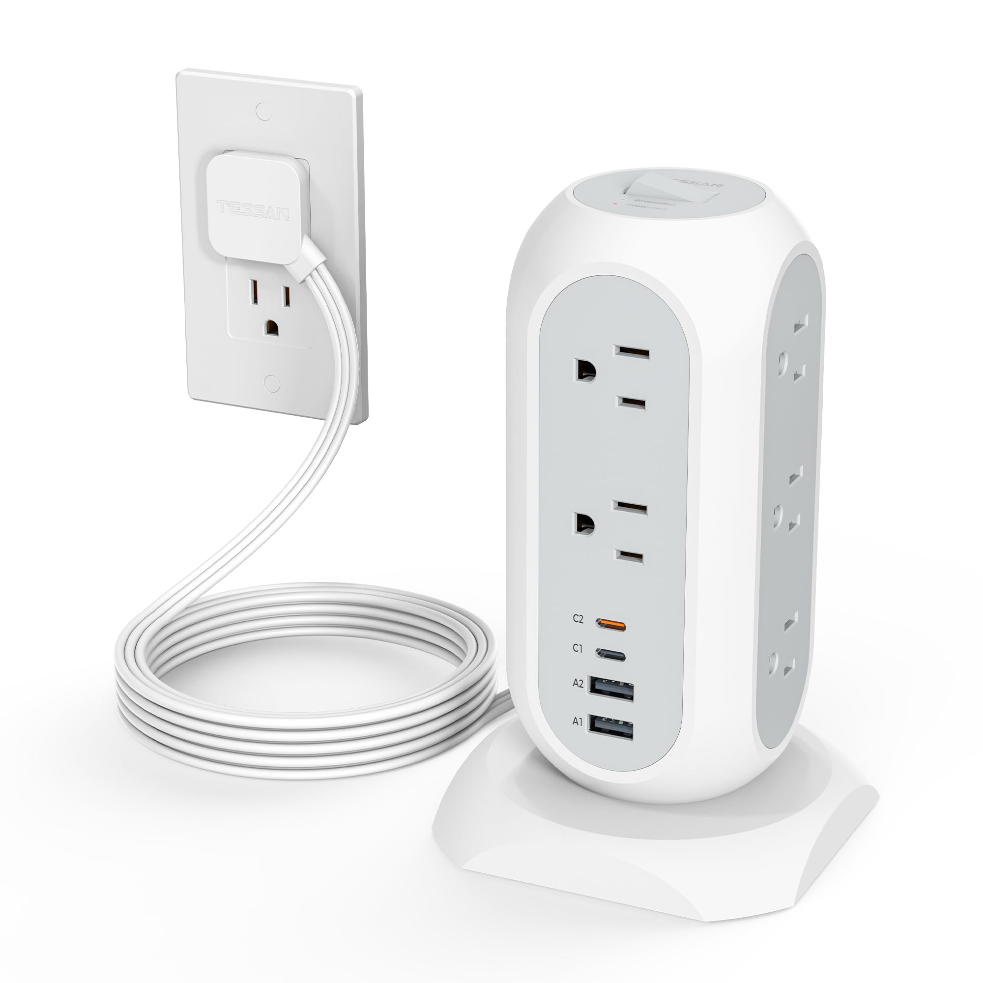 TESSAN Tower Power Strip Flat Plug with 1050J Surge Protection, 6 Ft, Grey