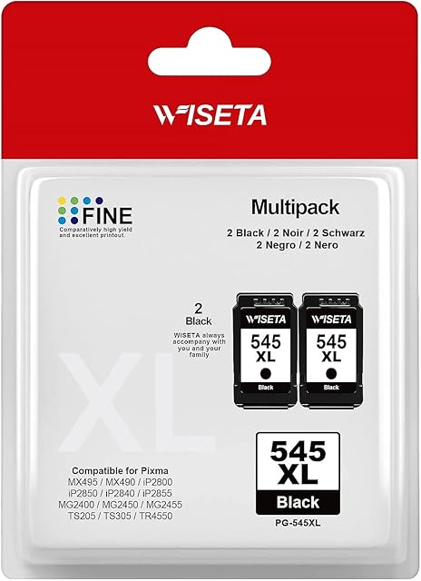 PG-545XL Black Inkjet Cartridge, 2 PACK XL High Capacity WISETA Ink Cartridge for Canon 545XL for PIXMA MG3050 MG2550S MG2950 MG2450 TS3150 TR4550 MG2500 MX495