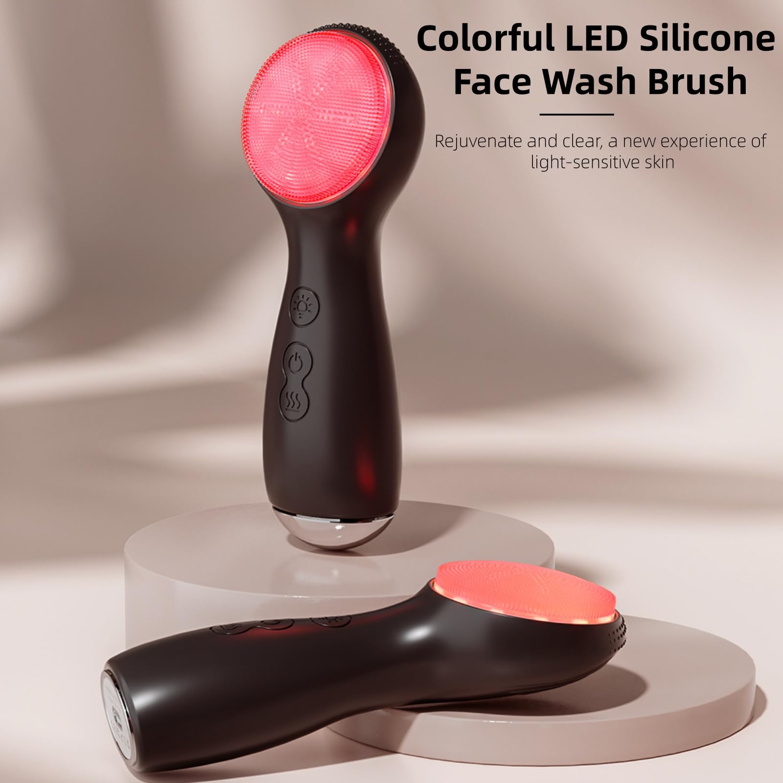 Colorido cepillo de silicona LED para lavado facial, limpiador facial con vibración sónica con sensación de calor, 3 modos y mango ergonómico, cepillo eléctrico impermeable para el cuidado de la piel