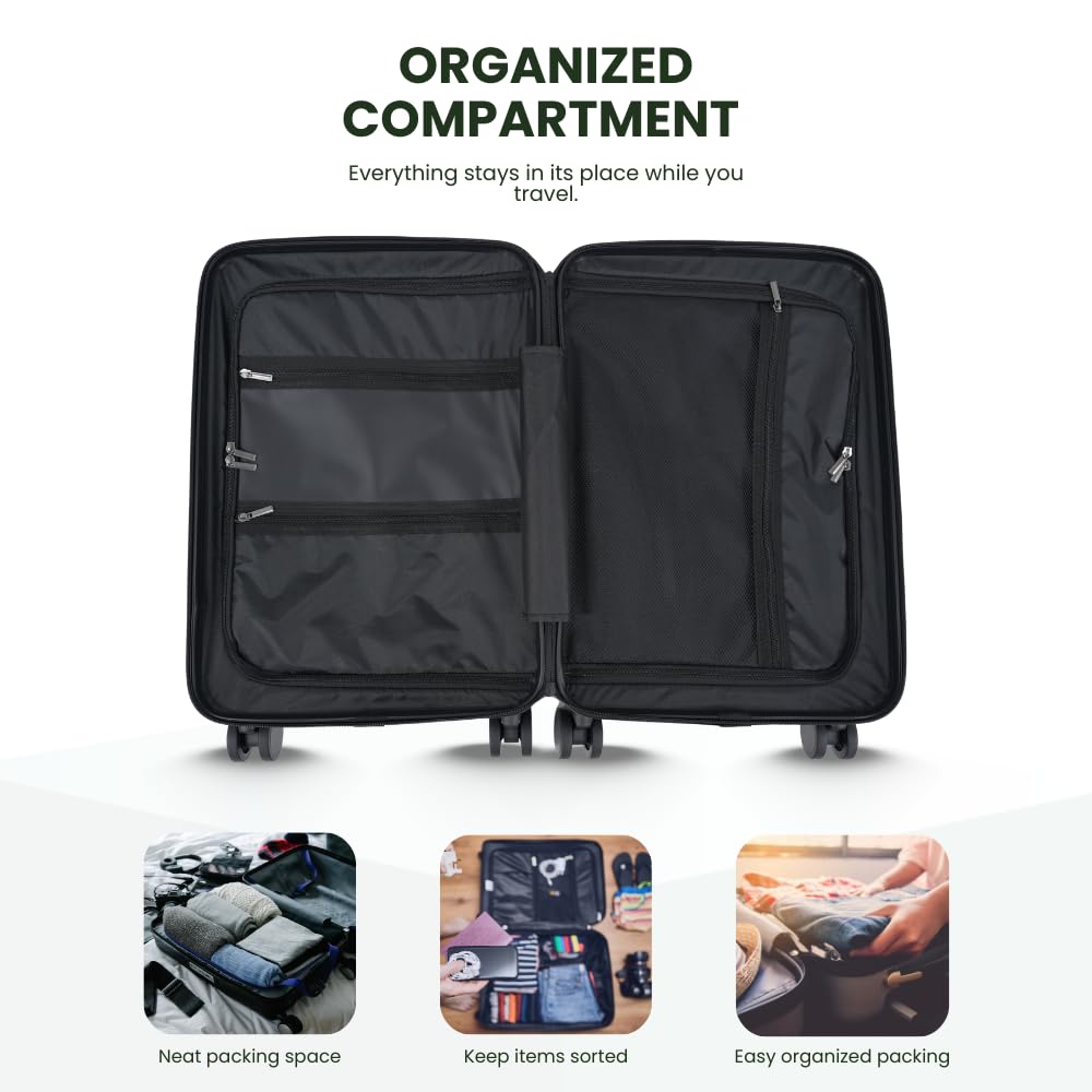 Fagoza Hardside - Equipaje de mano aprobado por aerolíneas de 22 x 14 x 9 pulgadas con bolsillo frontal, puerto de carga USB y portavasos, Negro, 22x14x9, Equipaje de mano abierto frontal rígido PC