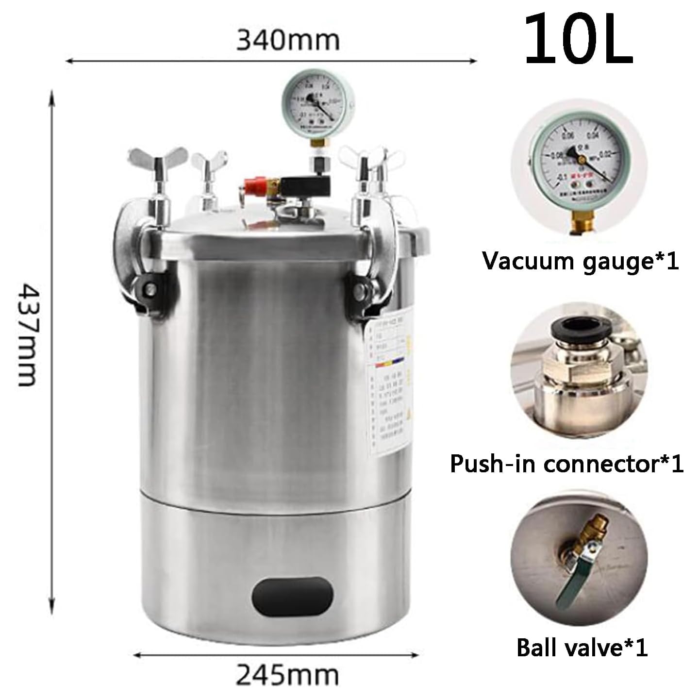 Cámara de desgasificación al vacío de acero inoxidable de 10 L, manómetro de presión negativa para uretanos, siliconas, epoxi, resinas, ideal para operaciones de desgasificación