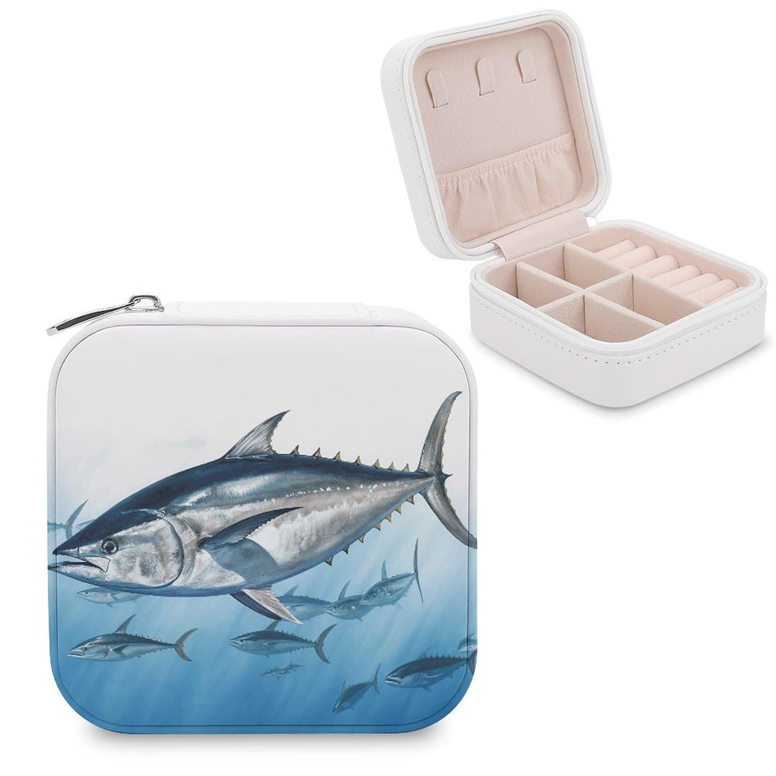 FekiLoot Bluefin Tuna Thunnus Jewelry Box Custom Jewelry Travel Case Pu Leather Trinket Organizer Box to Organize Ring Pendant Earring Small Portable Jewelry Storage Holder for Women