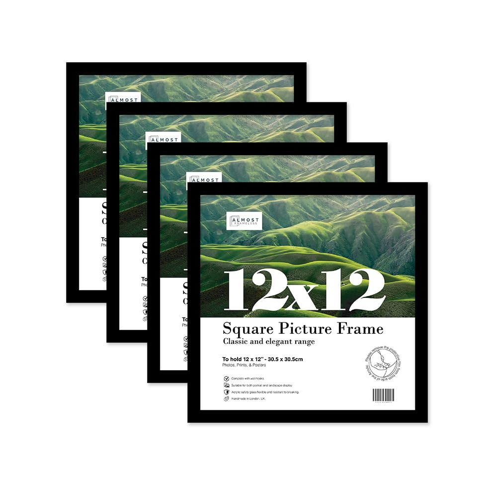 Almost Frameless 12x12 Black Picture Frame Set of 4, Display 12x12 Picture Gallery Wall, Poster, Photo, Artwork, or Print, Black, Square
