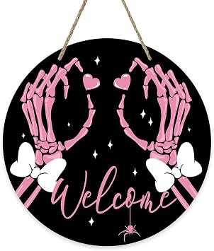 Welcome Halloween Gothic Pink Skeleton Hands Front Door Sign | Skull Bow Love Hearts Wood Hanger Outdoor Outside Porch Home Decor, Funny Wooden Wreath Indoor Wall Hanging Decoration