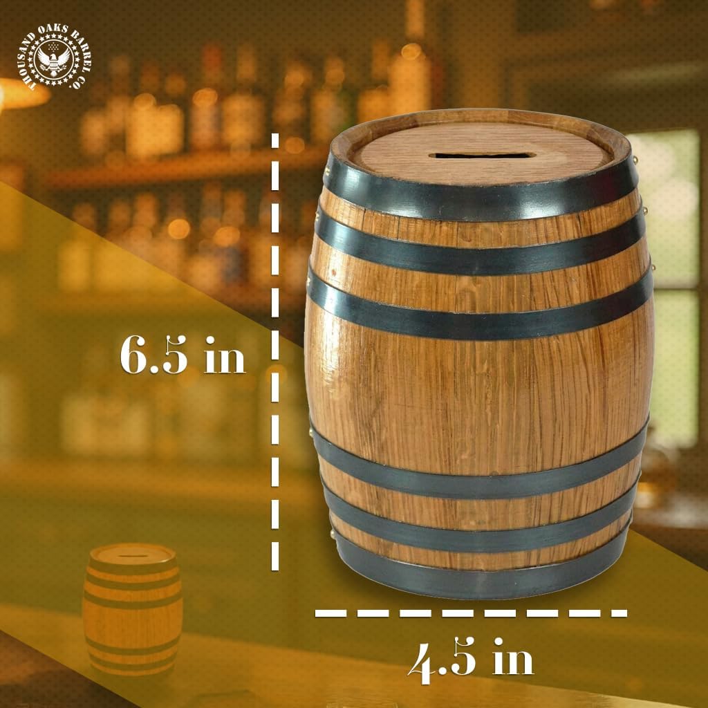 Thousand Oaks Barrel Co. Handmade Wooden Oak Barrel Adult Piggy Bank - Money Saver for Real Cash, Bills & Coins - Large 6.5 x 4.5 x 4.5 inches with 'Soccer Fund' Engraving - Piggy Banks for Adults