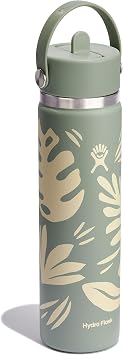 Hydro Flask Water Bottle - Insulated Stainless Steel - Wide Mouth Flex Straw Lid, Spill Proof, Leak Proof, Refillable, 24 oz Botanical Bliss Agave