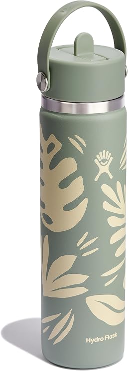 Hydro Flask Water Bottle - Insulated Stainless Steel - Wide Mouth Flex Straw Lid, Spill Proof, Leak Proof, Refillable, 24 oz Botanical Bliss Agave