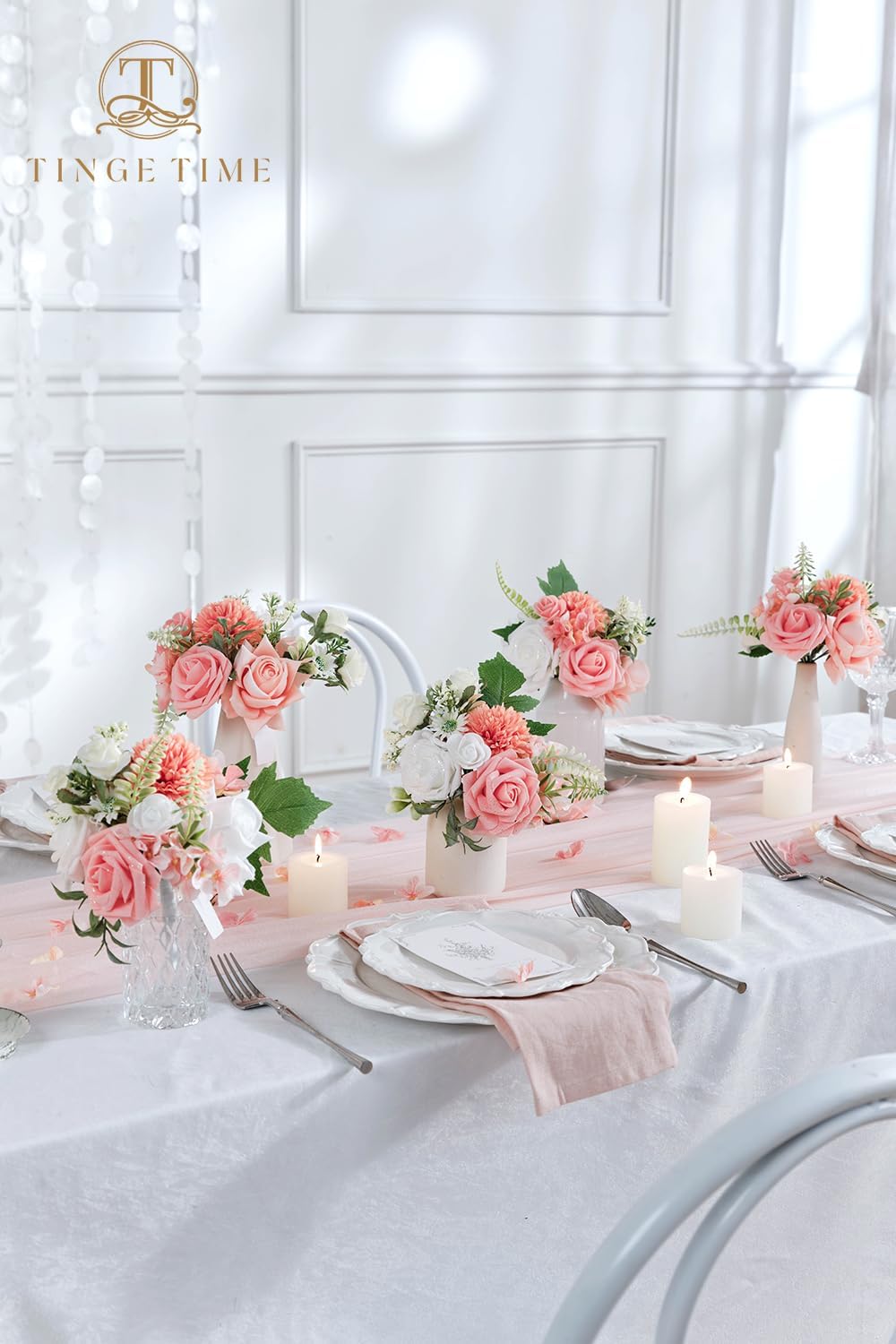TINGE TIME Wedding Centerpieces Table Decorations, Set of 6, Artificial Flowers Wedding Mini Flowers Bouquets Pre-Made Mini Floral for Dessert Desk Home Decor (PeachPink&White)