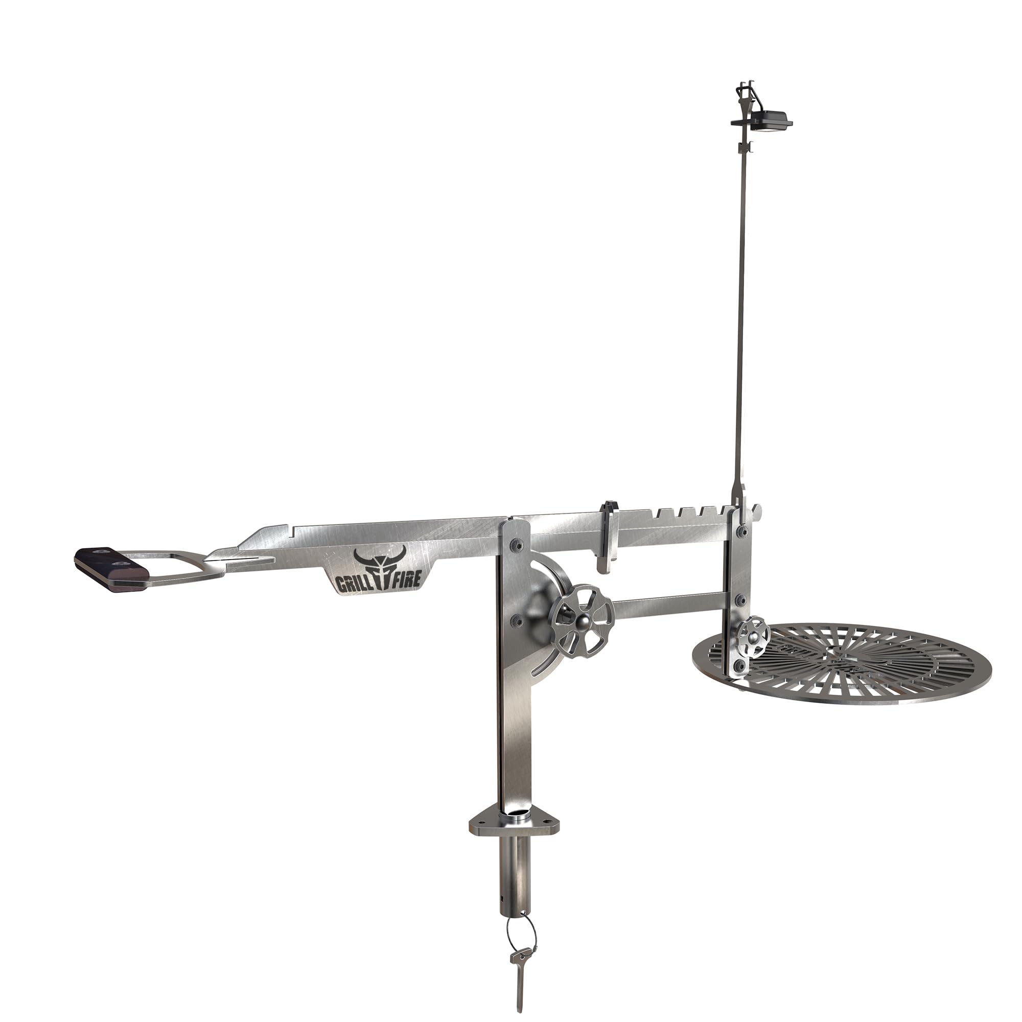 Grillfire XT-SET GRILLHAND – Höhenverstellbarer Edelstahl-Grillarm für FX-Feuerplatten | Werkzeuglos montierbar | Mit Lampenhalter & Zubehörfunktion für Dutch Oven & Schaukelrost