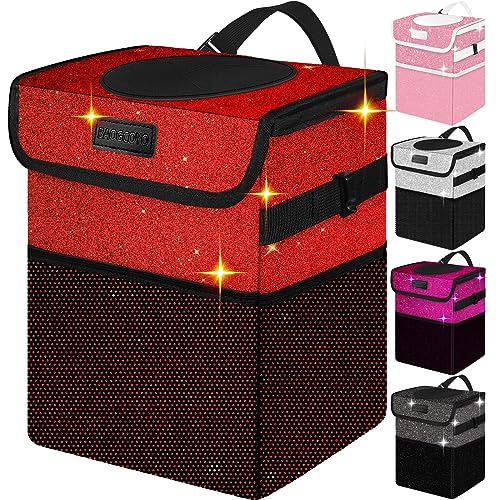 BAOGCOYO Car Trash Can, Cute Mini Trash Bag With Lid, Glitter Garbage Bin Hanging for Back/Front Seat/Console, Waterproof, Leakproof, 2.5 Gallon, Red Bling Sparkly
