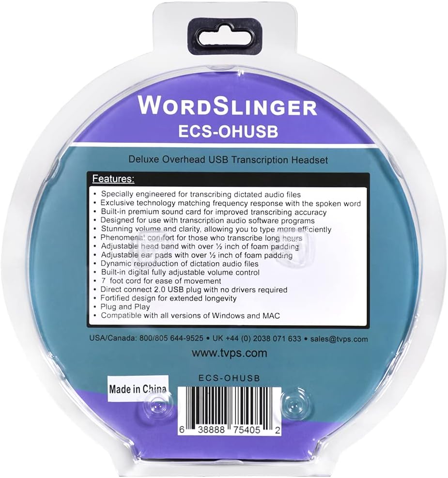 ECS WordSlinger USB Transcription Headset, 7-Foot Cord, Over-Head Design, Superior Audio Clarity, External Sound Card, Perfect for Medical & Legal Dictation, Comfortable Padded Headband & Ear Cups