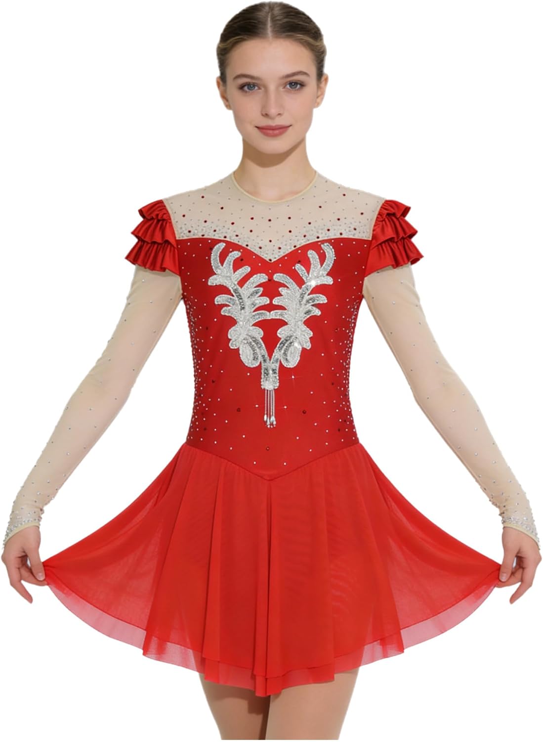 Figure Skating Dress for Women Long Sleeve Sequin Rhinestone Ice Skating Dress Ballet Competition Dancewear