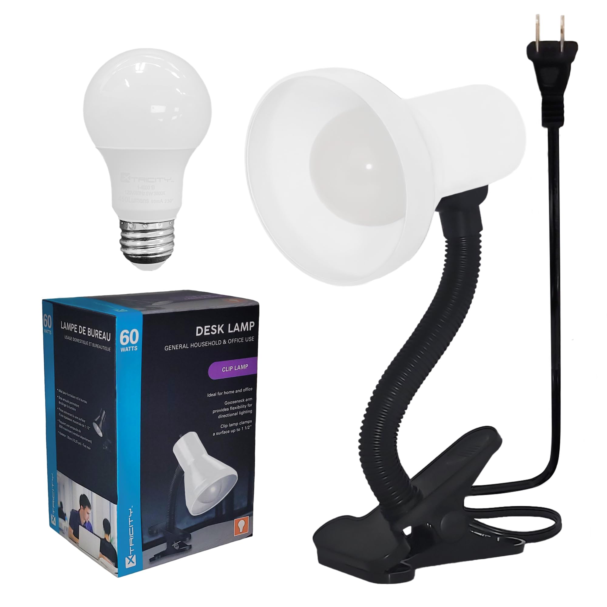 Xtricity LED Clip on Desk Lamp with 360° Flexible Gooseneck, Reading Light for Bed Headboard– 6W A19 Bulb Included, 120V, On/Off Switch, 10.25” Height Table Lamp with White Finish