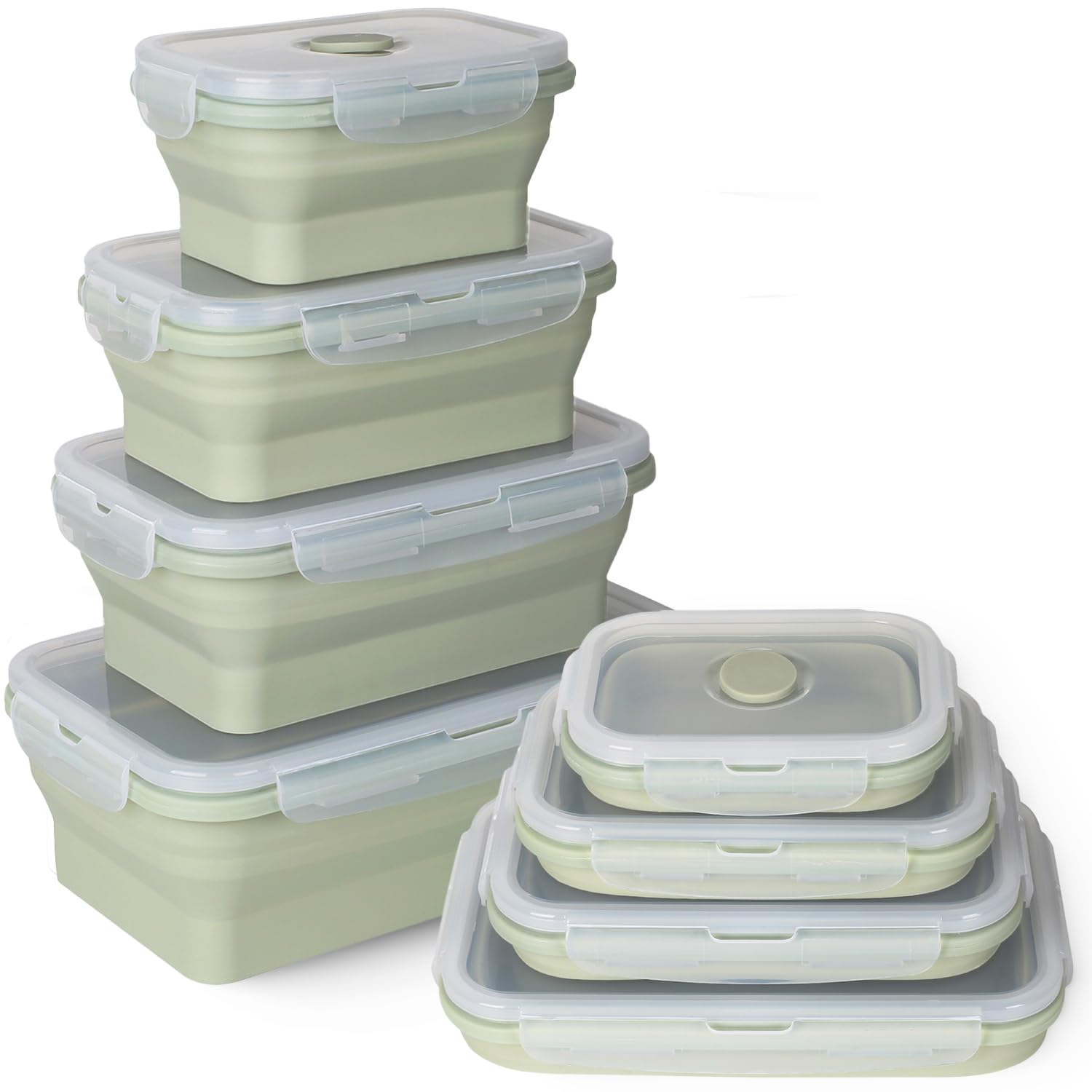 Hooolee Silicone Food Storage Container Set With Lids, 4 Pack Collapsible Lunch Box for Outdoor Picnic, Microwave, Dishwasher and Freezer Safe (Green)