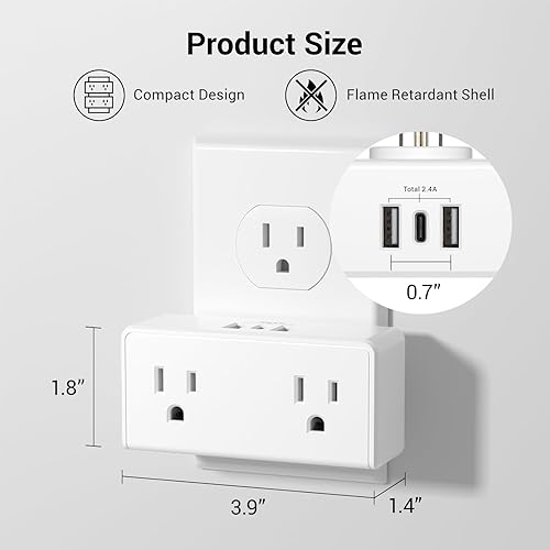 Miniatura 3 de Clear Power Grifo de pared de 2 salidas con 3 puertos USB (1 USB-C), extensor de salida múltiple USB, cargador de pared USB, expansor compacto de