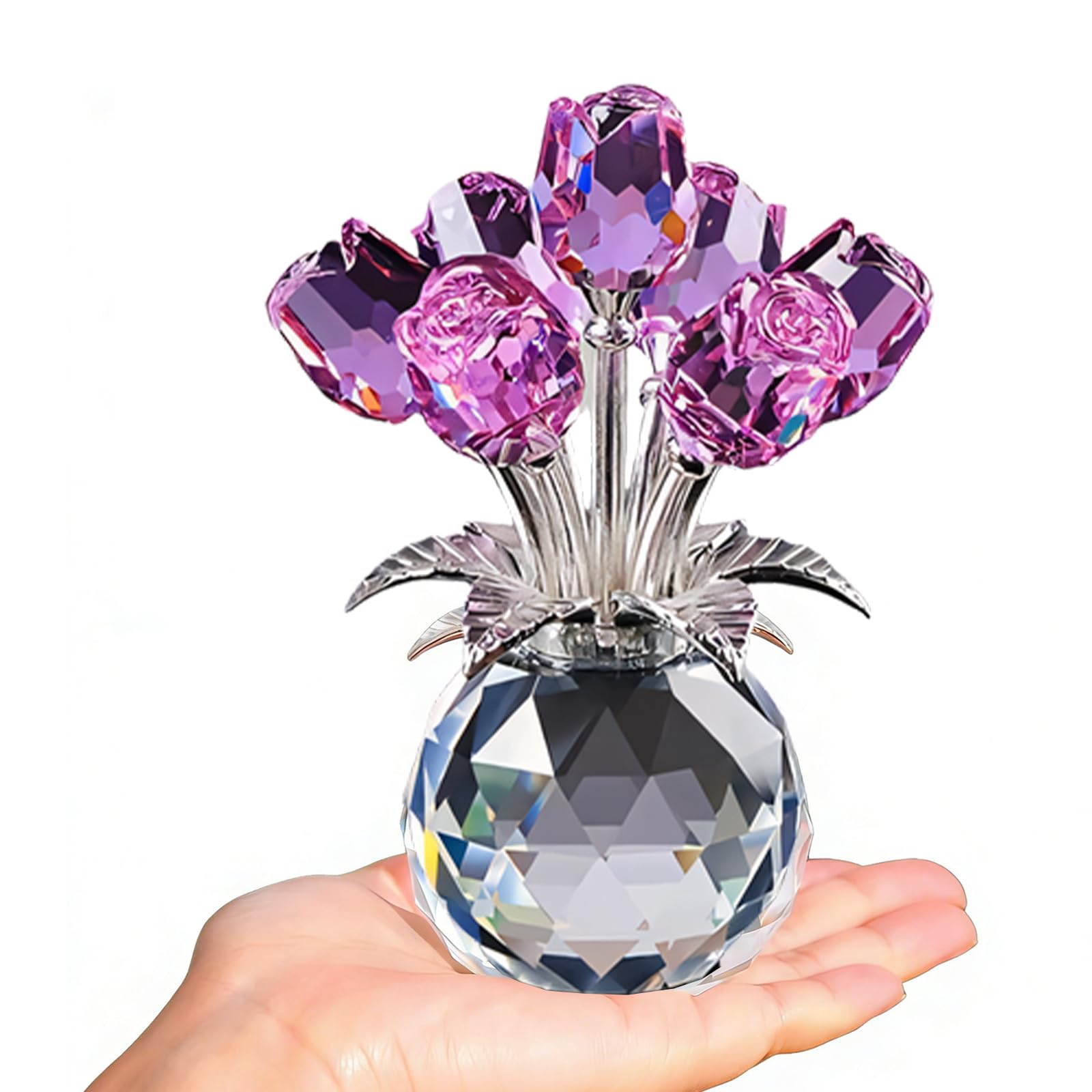 OSNIYAW Crystal Rose Bouquet with Vase Wife Girlfriend Home Decor Ornament Rose Flower Women Glass Flower Figurines Collectible Ornament