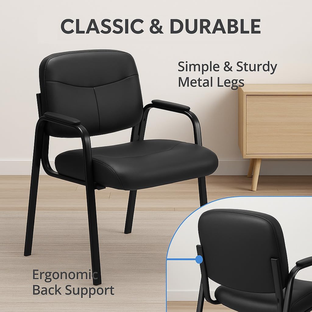 Waiting Room Chairs, Leather Stationary Office Guest Chairs with Padded Arms and Thick Cushion, Perfect for Conference Room, Lobby, Desk, Salon, or Side Table Use for Adults and Elderly