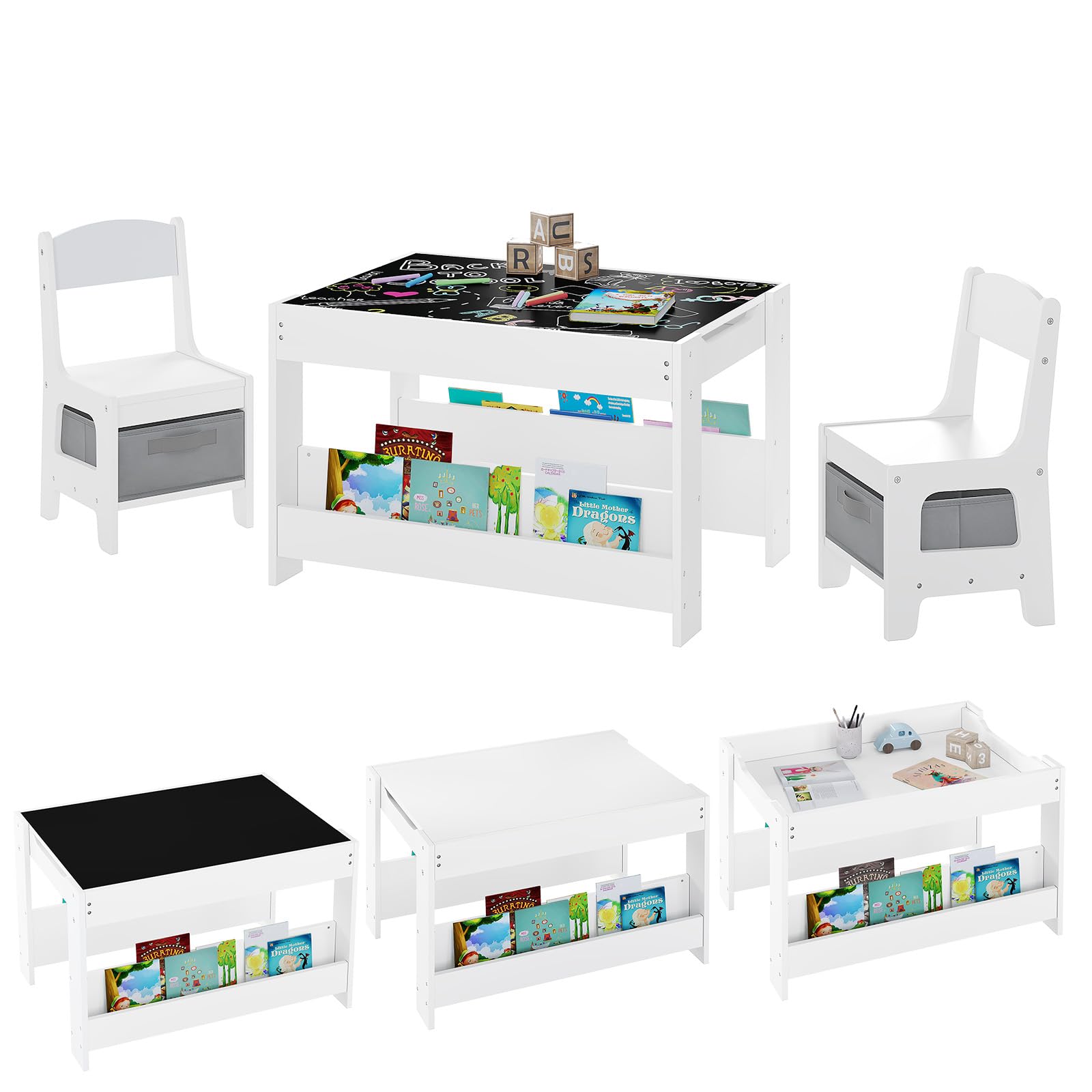 Lestarain Juego de Mesa y Sillas Infantiles, Mesa con Pizarra y 2 Sillas para Niños de Caja Almacenaje, Encimera Reversible, Mueble Infantil para Guardería y Habitación Infantil, Blanco