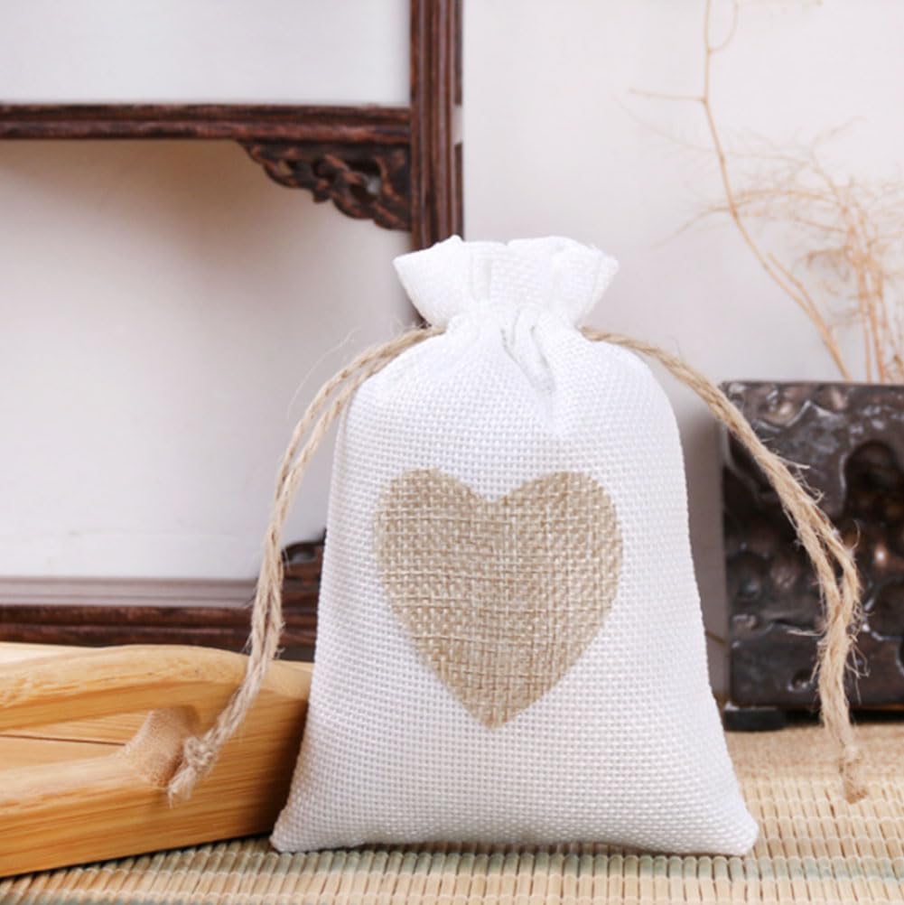 25 Sacs En Jute Avec Cordon De Serrage - 10x14 Cm, Cadeaux, Rangement, Mariage, Fête - Cœurs Brodés, Blanc