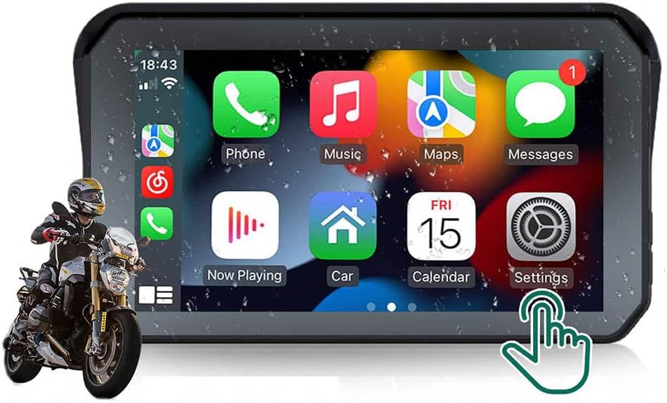 Close-up of the TTXSCAM MT01-A monitor's 5-inch IPS touch screen displaying the CarPlay interface with various app icons.