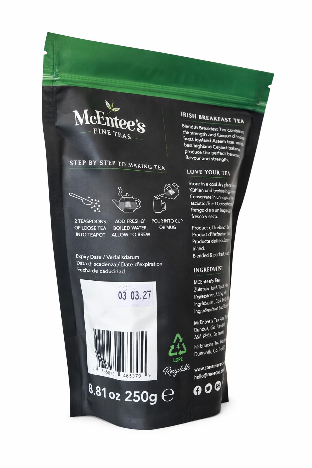 McEntee's Irish Breakfast Thé en vrac (Lot de 2) - Sachet de 250 g - Thé noir - Mélangé en Irlande - Thés de Ceylan et d'Assam