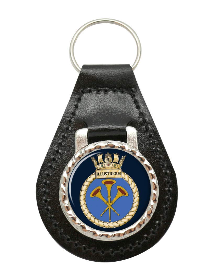 Giftshop Uk Unisex Black Leather And Silver Metal Hms Illustrious, Royal Navy Leather Key Fob