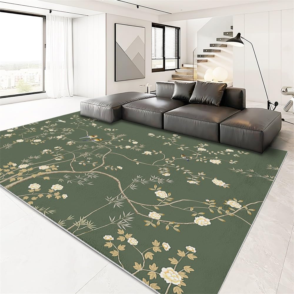Area Rugs Tappeto soffice per camera da letto, morbido, in stile cinese, motivo floreale con viti e uccelli, tappeto antiscivolo, per soggiorno, balcone, decorazione per la casa, 140 x 200 cm