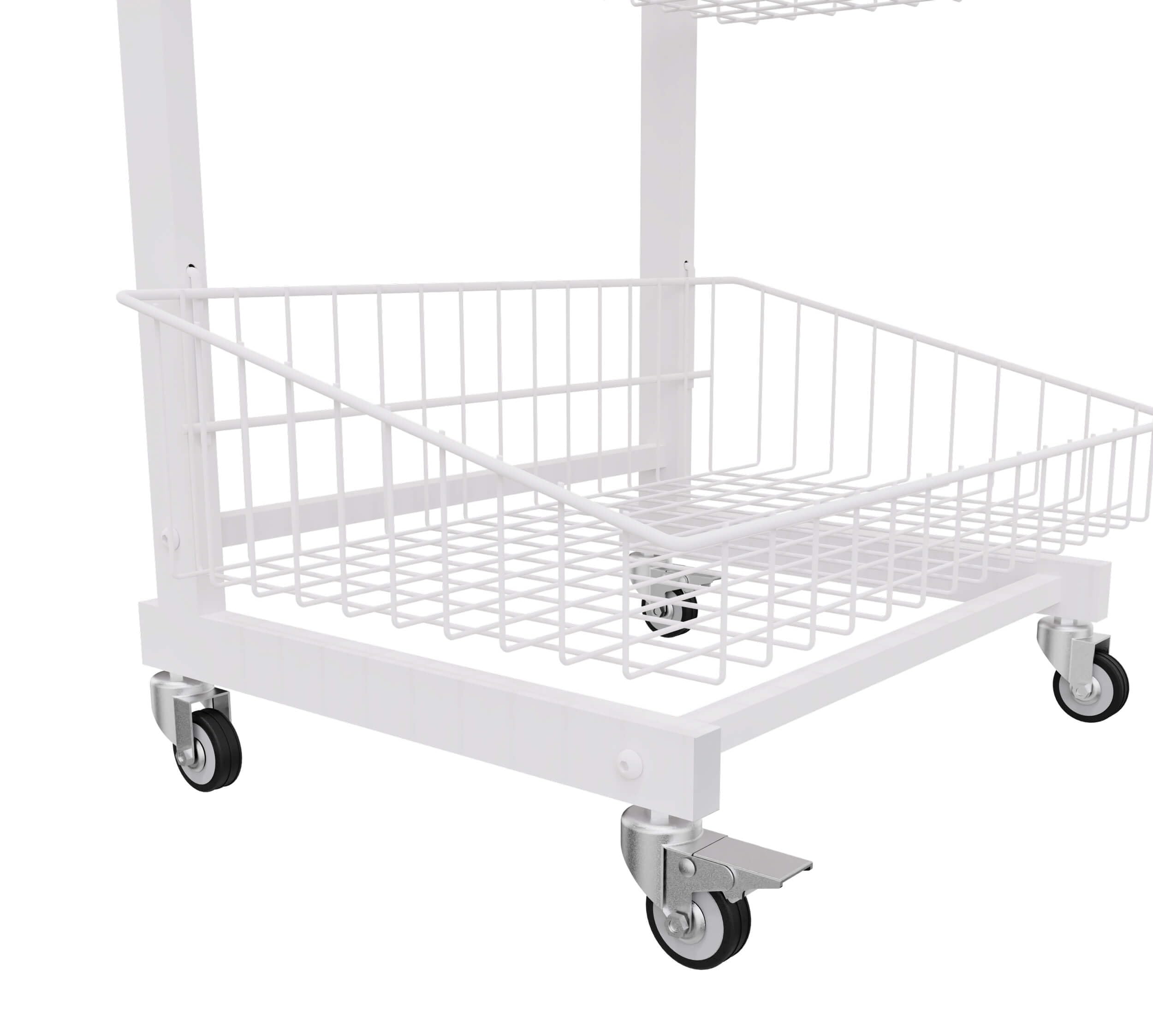Dila GmbH Verkaufsständer rollbar mit 4 Körben, Rollständer Stapelkorb weiß lackiert, rollbarer Wühlkorb Warenständer Gitterständer aus robustem Stahlrohr, Belastbarkeit einzelner Korb 15 kg