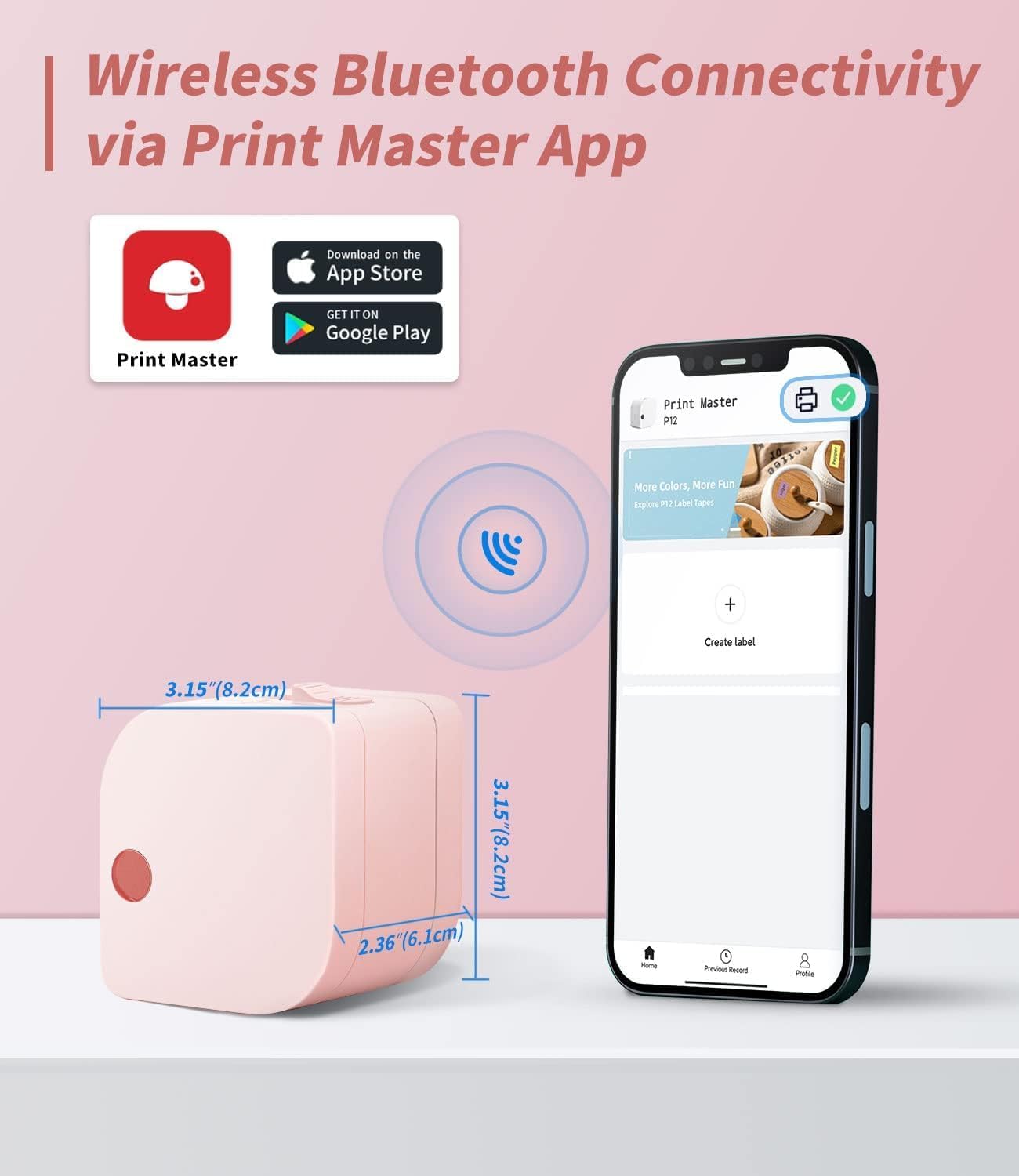 Phomemo P12 Label Maker with phone showing app and dimensions