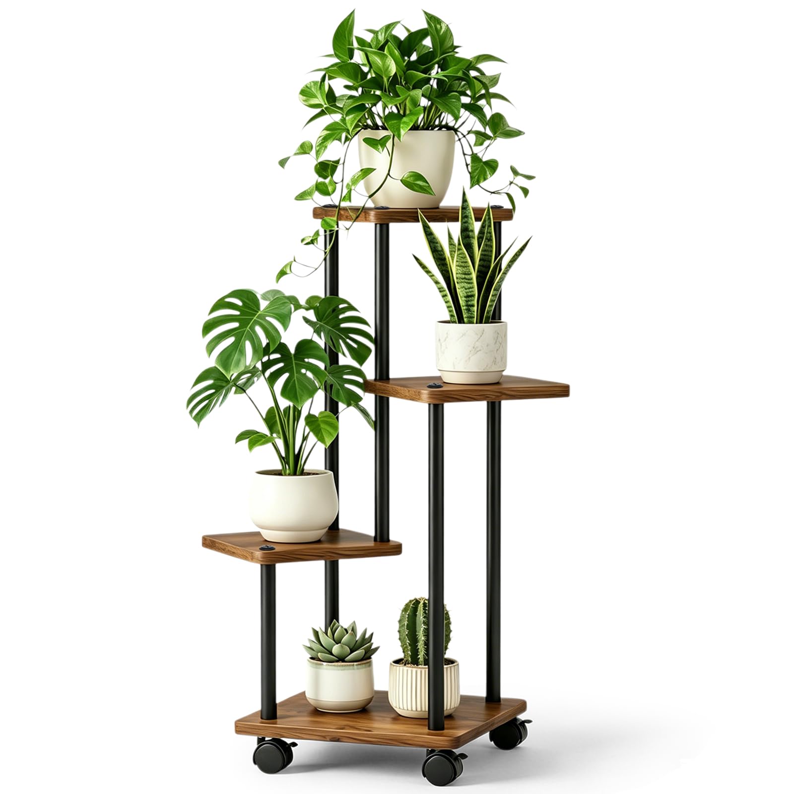 Support pour Plantes Intérieur, 4 Niveaux Étagère pour Plantes à 4 Roues en Métal et Bois Porte Plante pour Plusieurs Plantes Support Pot de Fleur pour Terrasse, Jardin, Balcon, Salon