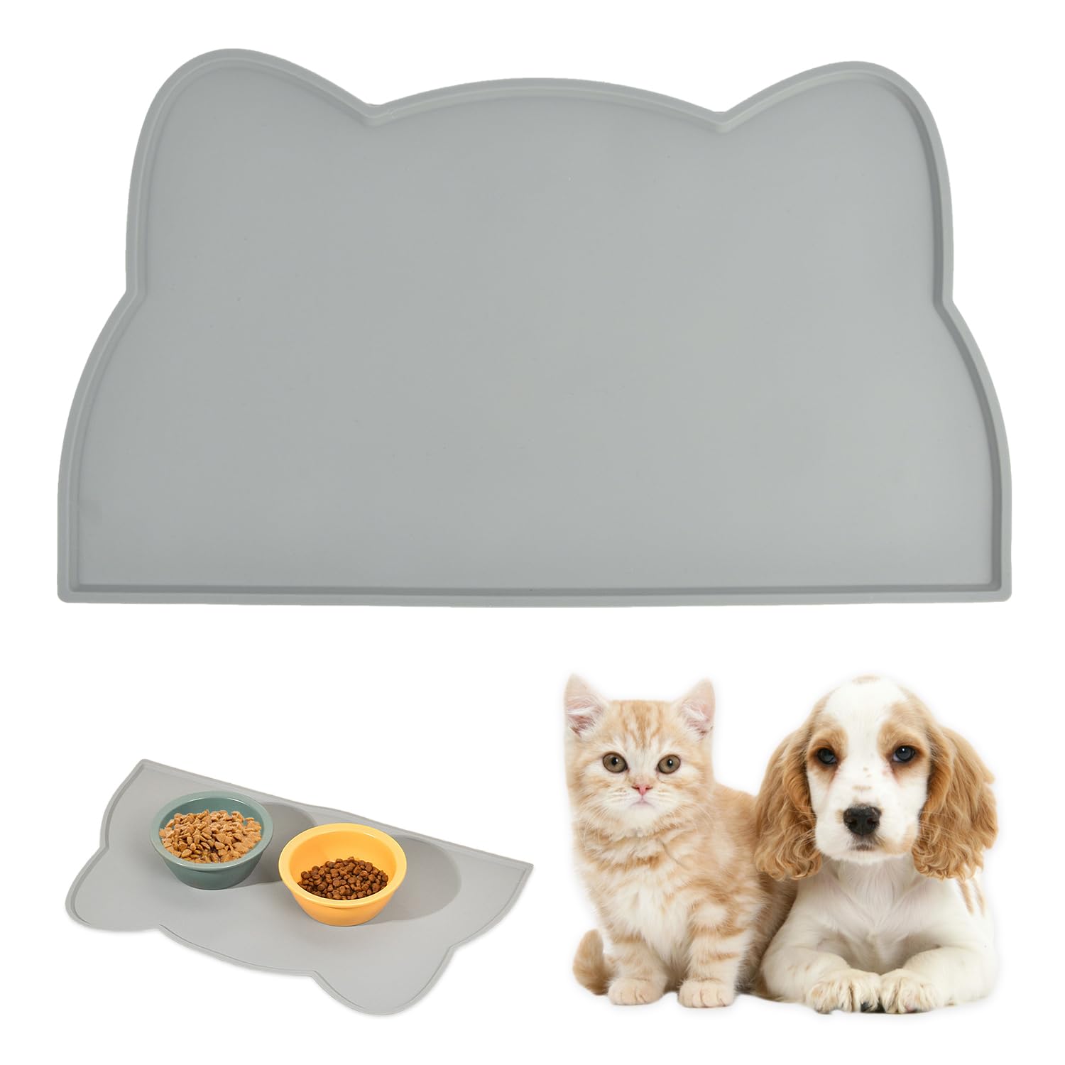 SYEYCW 1 Pcs Cat Food Mat, Cat Bowl Mat, Dark Grey Cat Mats for Food Bowls, Silicone Dog Cat Bowl Mat, Non-Skid Spill Proof Pet Feeding Mat, Waterproof Tray Cushion, Easy to Clean Cat Feeding Mat