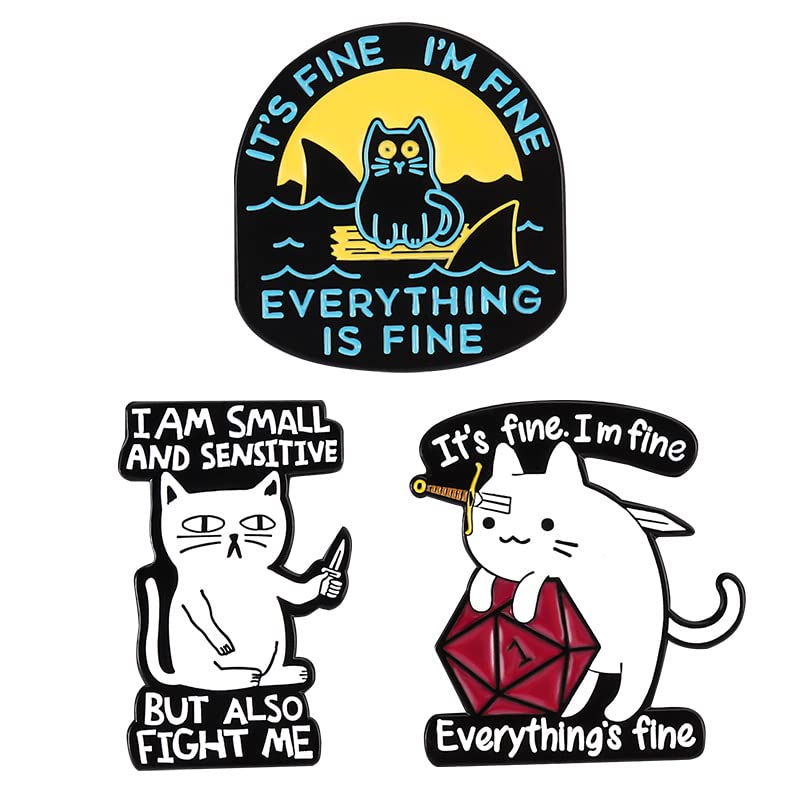 It's Fine I'm Fine Everything is Fine Funny Cat Enamel Lapel Pin Cat Surrounded by sharks brooches badges for backpacks2