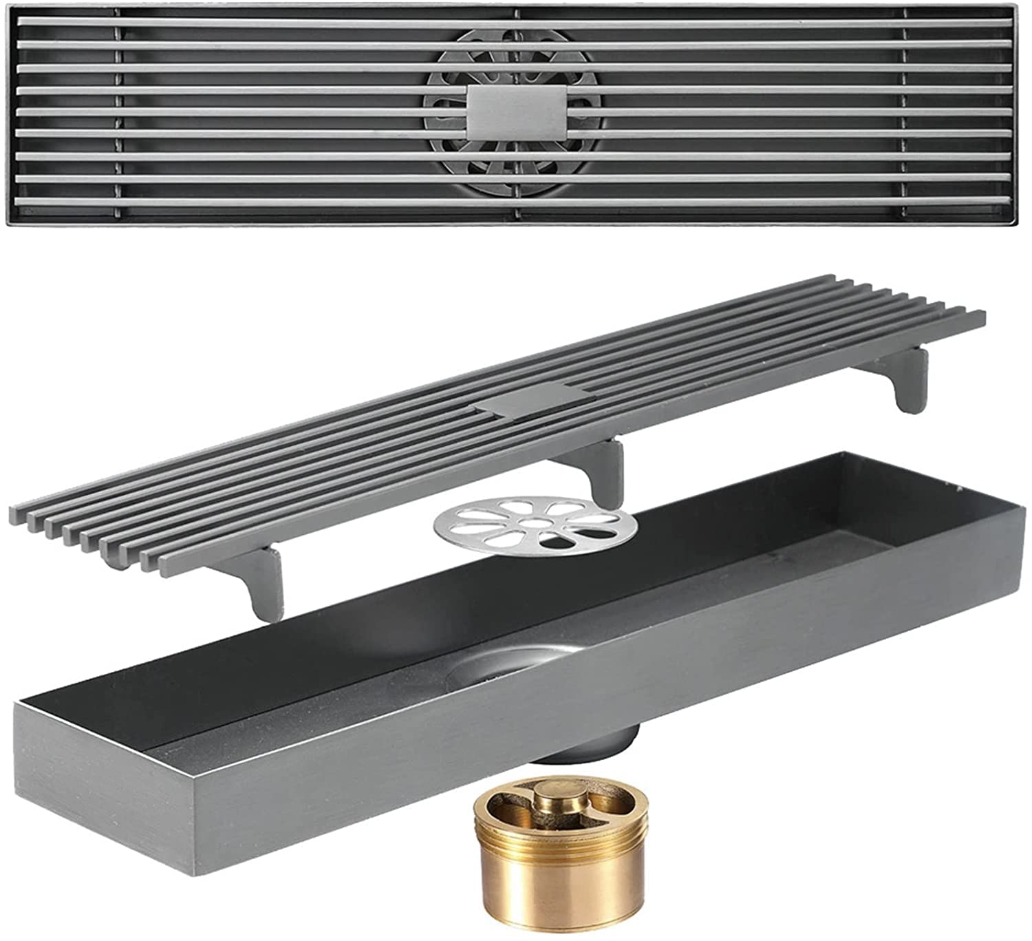 TBDdsd Linear shower drain, 304SUS Rectangle Shower Drain with Removable Cover Grid Grate, Floor Drainer with Hair Strainer and Basement, 11.8Inch