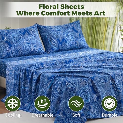 Image of Bedlifes Extra Deep Pocket 18-24 inch King 4-Piece Sheet Set - Cooling Sheets Blend Rayon Derived from Bamboo Soft & Breathable,Featuring Paisley Dark Navy Blue