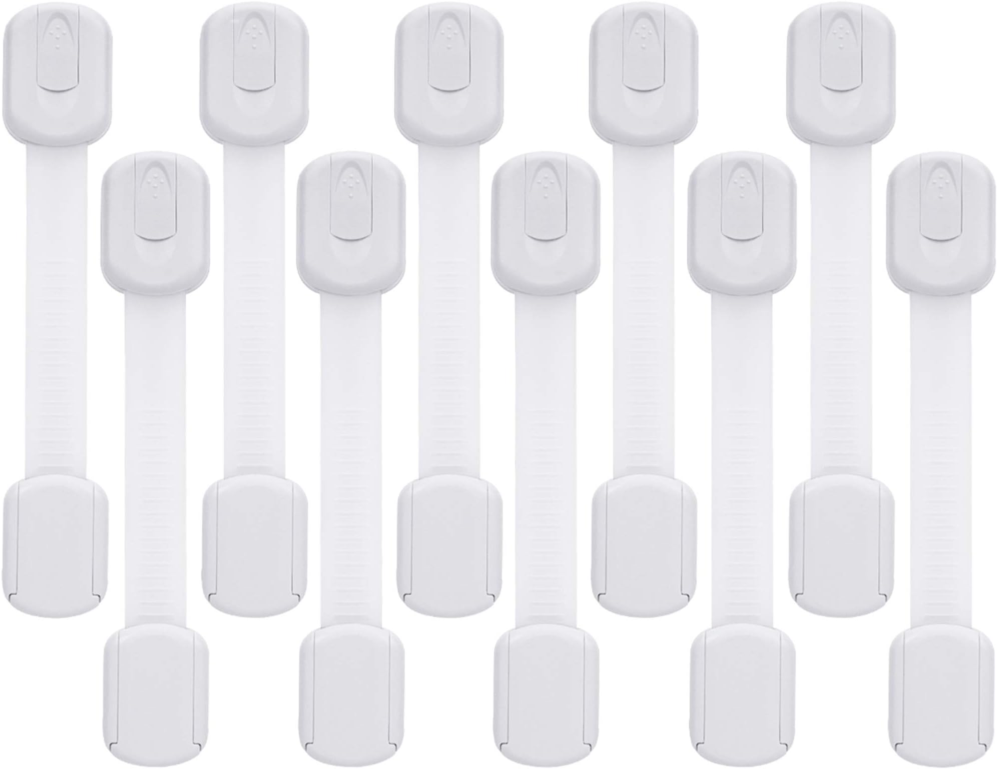 Child Safety Cabinet Locks - Baby Proofing Latches to Drawer Door Fridge Oven Toilet Seat Kitchen Cupboard Appliance Trash Can with 3M Adhesive - Adjustable Strap No Drill No Tool 10 Pack (White)