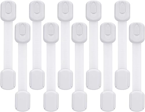 Child Safety Cabinet Locks - Baby Proofing Latches to Drawer Door Fridge Oven Toilet Seat Kitchen Cupboard Appliance Trash Can with 3M Adhesive - Adjustable Strap No Drill No Tool 10 Pack (White)