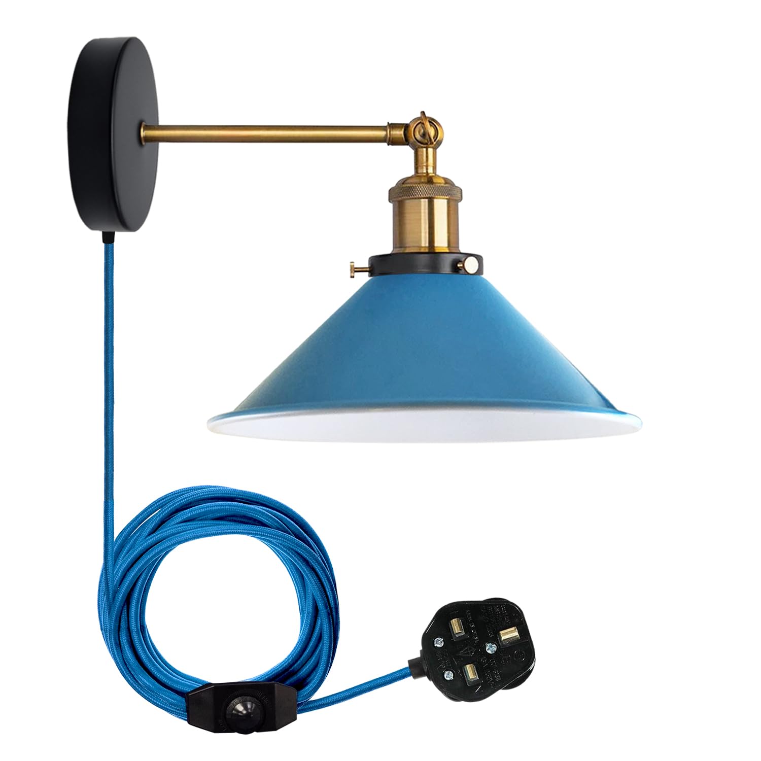 LEDSone Retro Industrial Wall Light Plug-in Wall Lamp Metal Cone Shape Shade Indoor Light Fitting with Dimmer Switch for Bedroom Hallway Restaurants (Blue, Without Bulb) โ image 1