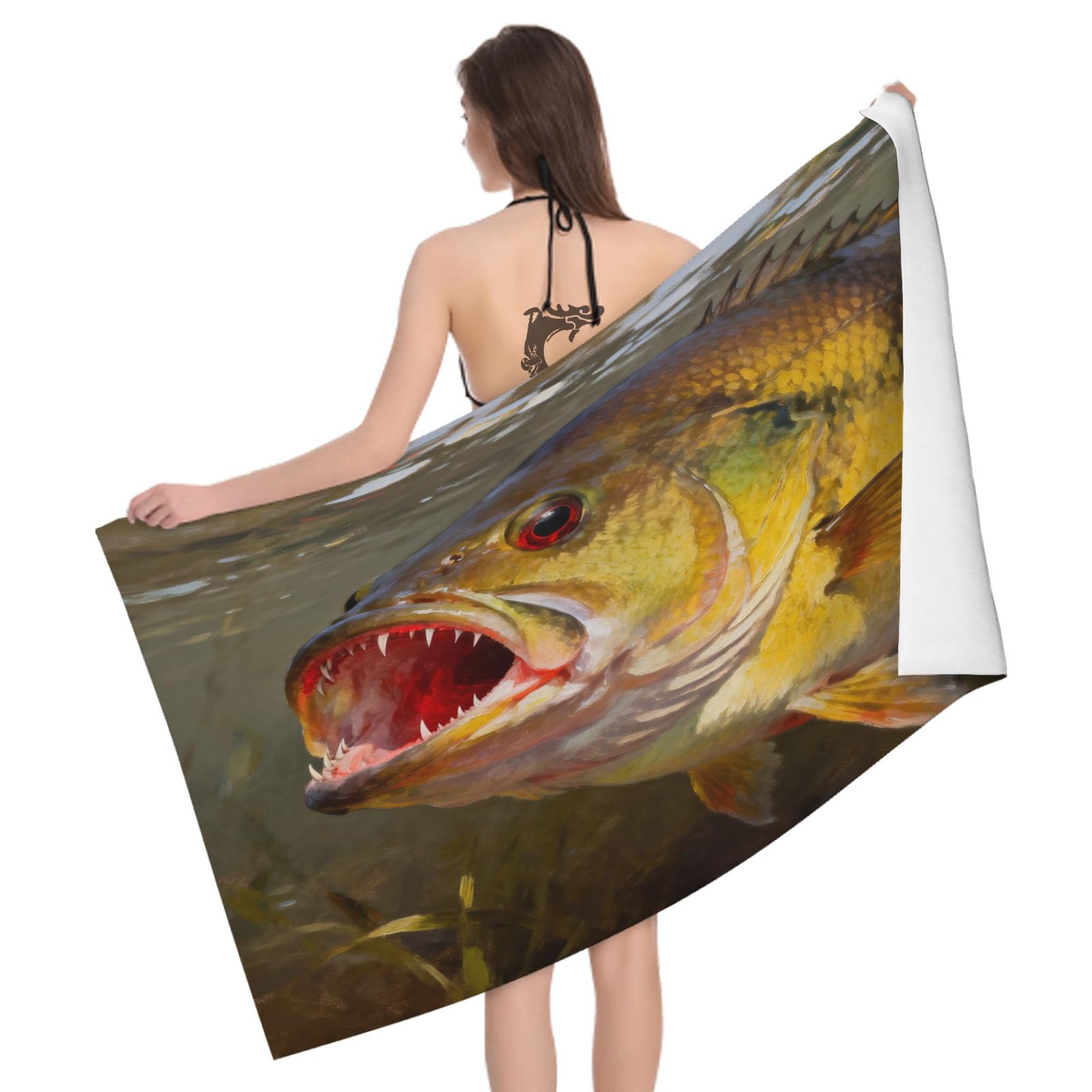 Leichong 3D Sea Bass Beach Towel Large Microfiber Soft Quick Dry for Adults, Fishing Bath Towel Lightweight Soft Absorbent for Travel Swimming Pool Sports, 180 x 90 cm