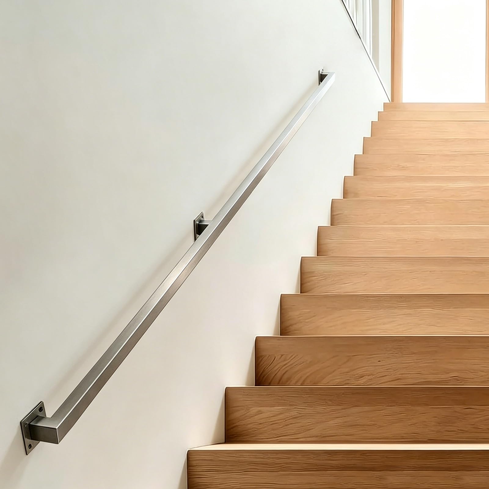 Indoor Silver Stair Railing, 1m/2.8m/3m/3.5m/4m/4.2m Stainless Steel Safety Stair Handrail Safety Wall Mounted Support Bar Rails with Fittings, Non-Slip Square Pipe Design(17ft/5.1m)