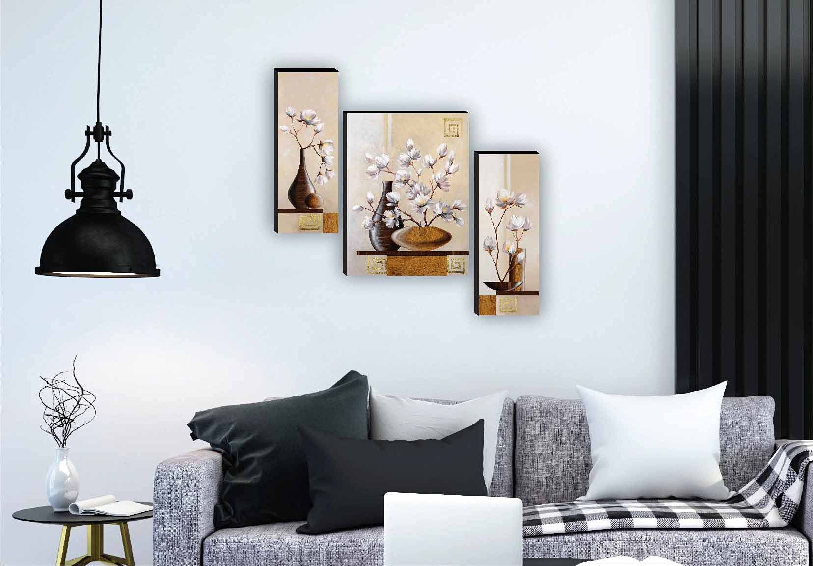 SAF paintings Set of 3 Flower Pot Paintings for living room with frame Self Adeshive UV Textured MDF Framed Painting 12 Inch X 18 Inch SAF-JM7722